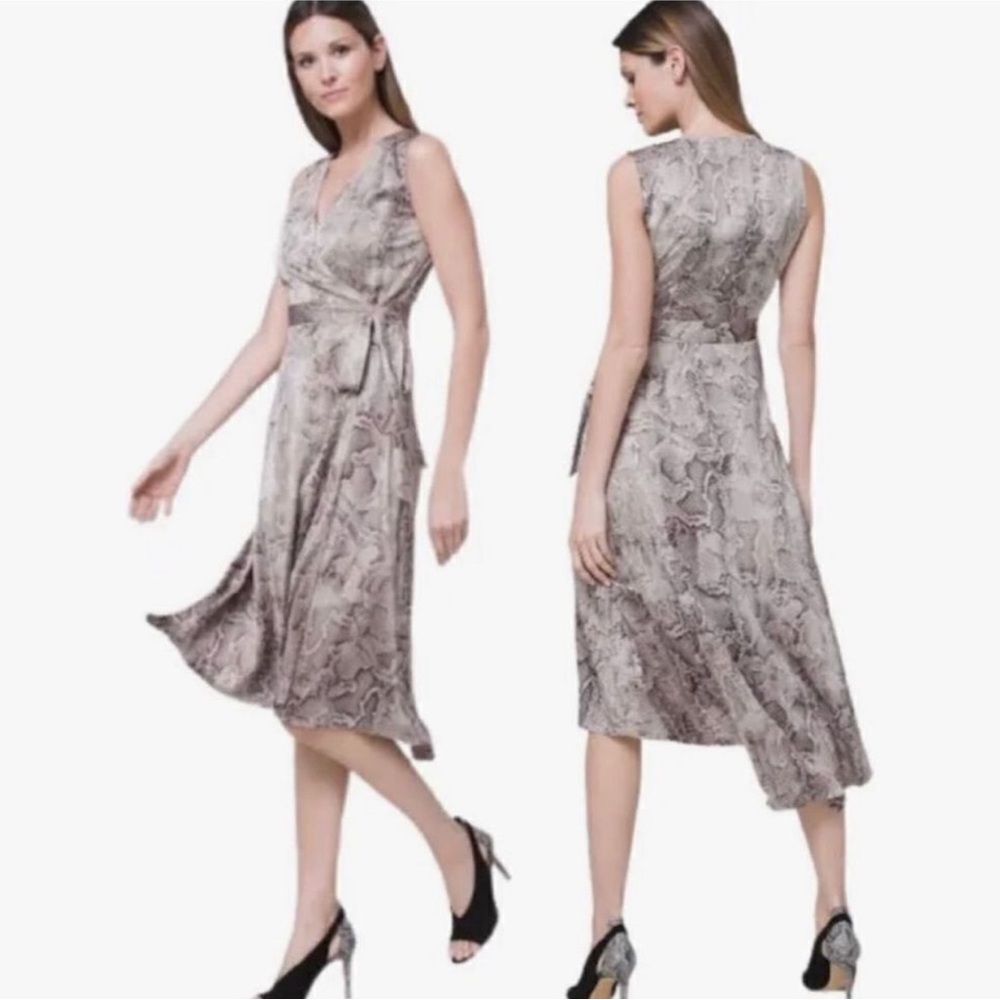 White House Black Market Women's Dress Wrap Midi Snake Gray Sleeveless Hi Low